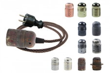 Textilní kabel s kovovou patinovanou objímkou, vypínačem a vidlicí