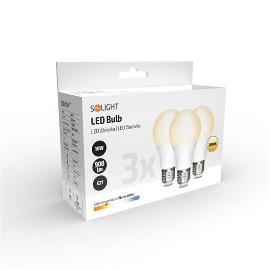 Solight LED žárovka, 10W, E27, 3000K, 900lm, 3ks v balení